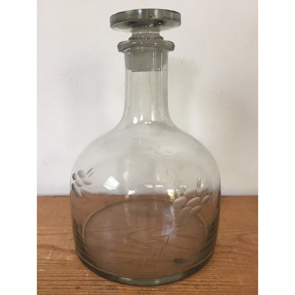 Vtg Etched Light Gray Glass Wine Bottle Decanter Carafe Glass Cork Stopper 9"